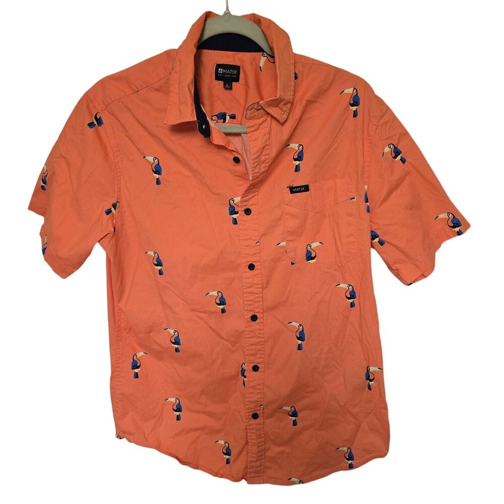 Matix Men's L Large Orange Toucan Tropical Hawaiian Short Sleeve Button Up Shirt